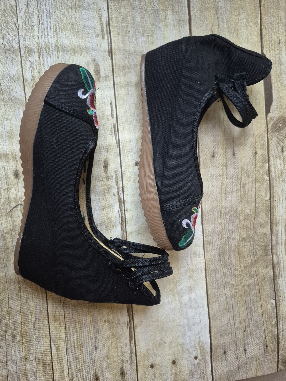 Black Embroidered Floral Ankle-Tie Wedges - Picture 8 of 14